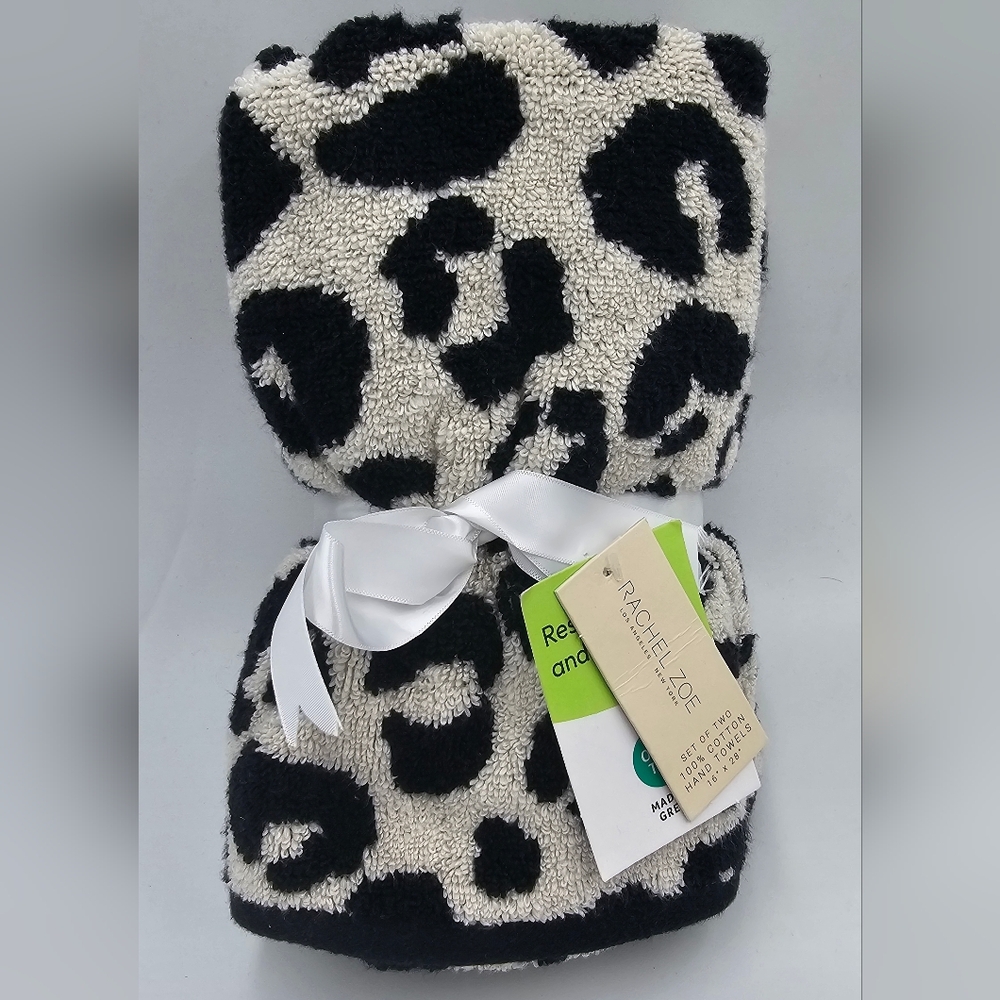 Rachel Zoe 2 Piece Leopard Print 100% Cotton Hand Towel Set Black White OEKO TEX